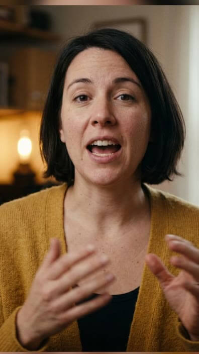 A frame from a generated clip: a character talking to camera