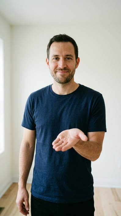 A generated character holding out an open hand to the camera
